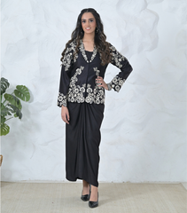 MONOCHROME PHOOL-PATTI JACKET AND PLEATED SKIRT SET