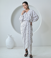 DISK WHITE BANDHANI DRAPE DRESS