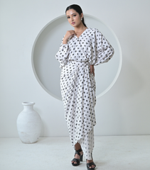 DISK WHITE BANDHANI DRAPE DRESS