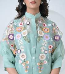 SEA BLUE PHOOL-PATTI TUNIC SET WITH EMBROIDERED PANTS