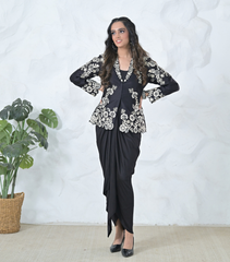 MONOCHROME PHOOL-PATTI JACKET AND PLEATED SKIRT SET