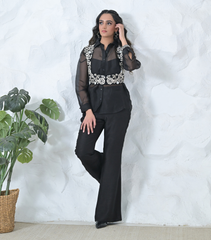 MONOCHROME PHOOL-PATTI COTI WITH ORGANZA SHIRT SET
