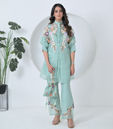 SEA BLUE PHOOL-PATTI TUNIC SET WITH EMBROIDERED PANTS