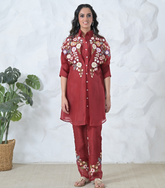 RED PHOOL-PATTI TUNIC SET WITH EMBROIDERED PANTS