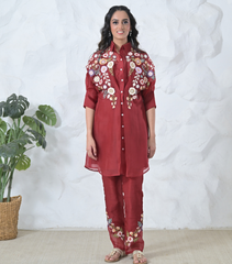 RED PHOOL-PATTI TUNIC SET WITH EMBROIDERED PANTS