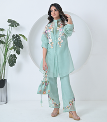 SEA BLUE PHOOL-PATTI TUNIC SET WITH EMBROIDERED PANTS