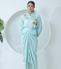 FLORET BANDHANI COLLAR WORK SHIRT WITH PLEATED SKIRT SET