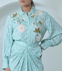 FLORET BANDHANI COLLAR WORK SHIRT WITH PLEATED SKIRT SET