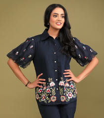 PHOOLWARI NAVY MEADOW BALLOON SLEEVE CO-ORD SET