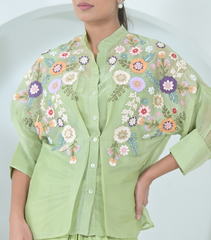 LIME GREEN FLORIUM SHIRT WITH KNOT SKIRT SET