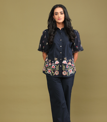 PHOOLWARI NAVY MEADOW BALLOON SLEEVE CO-ORD SET