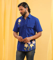 CLASSIC ELECTRIC BLUE SHIRT WITH FLORAL EMBROIDERY