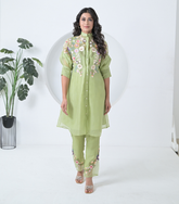 LIME GREEN PHOOL-PATTI TUNIC SET WITH EMBROIDERED PANTS