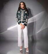 WHITE GEOMETRIC TURKISH TEAL EMBROIDERY JACKET