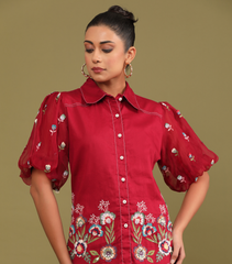 PHOOLWARI RED MEADOW BALLOON SLEEVE CO-ORD SET