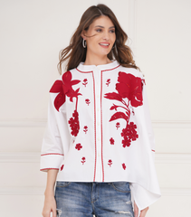 KAFTAN SHIRT WITH RED HIBISCUS FLOWERS