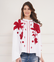 KAFTAN SHIRT WITH RED HIBISCUS FLOWERS