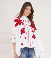 KAFTAN SHIRT WITH RED HIBISCUS FLOWERS