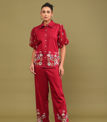 PHOOLWARI RED MEADOW BALLOON SLEEVE CO-ORD SET