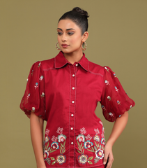 PHOOLWARI RED MEADOW BALLOON SLEEVE CO-ORD SET