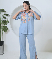 DUPION BIG FLOWER SHORT BALLOON SLEEVES CO-ORD SET