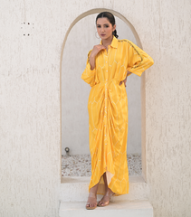 SUNLIT TASSEL LACE BANDHANI GATHERED DRESS