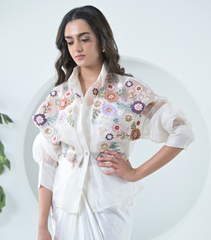 IVORY FLORIUM SHIRT WITH PLEATED SKIRT SET