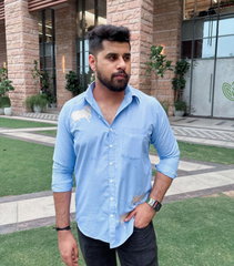 THATSMYPLATE - BLUE PATCHED STRIPES SHIRT WITH BIRD