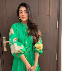 AISHWARYA SINGHAL - GREEN CHINESE COLLAR BOTANICAL DRESS