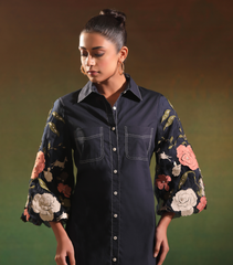 NAVY GARDEN OF GULAB SHIRT STYLE DRESS