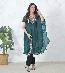 PHOOL-PATTI TASSELS NECKPIECE LIGHT TEAL CRINKLED CAPE SET