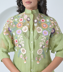 LIME GREEN PHOOL-PATTI TUNIC SET WITH EMBROIDERED PANTS