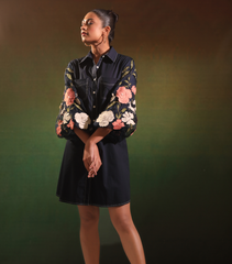 NAVY GARDEN OF GULAB SHIRT STYLE DRESS