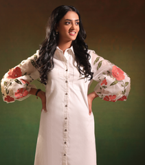 WHITE GARDEN OF GULAB SHIRT STYLE DRESS