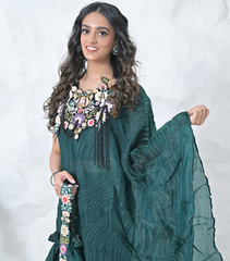 PHOOL-PATTI TASSELS NECKPIECE LIGHT TEAL CRINKLED CAPE SET