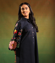 NAVY GARDEN BLOOM BADABAGH SHIRT STYLE DRESS