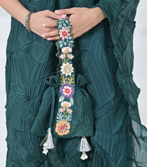 PHOOL-PATTI TASSELS NECKPIECE LIGHT TEAL CRINKLED CAPE SET