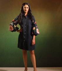 NAVY GARDEN BLOOM BADABAGH SHIRT STYLE DRESS