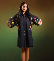 NAVY GARDEN BLOOM BADABAGH SHIRT STYLE DRESS