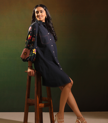 NAVY GARDEN BLOOM BADABAGH SHIRT STYLE DRESS