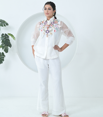 PHOOL-PATTI BEADED TASSELS DETACHABLE NECKPIECE SHIRT COORD SET