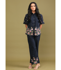 PHOOLWARI NAVY MEADOW BALLOON SLEEVE CO-ORD SET