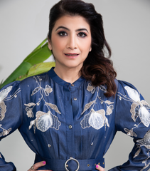 WHITE CAMELLIA DENIM DRESS