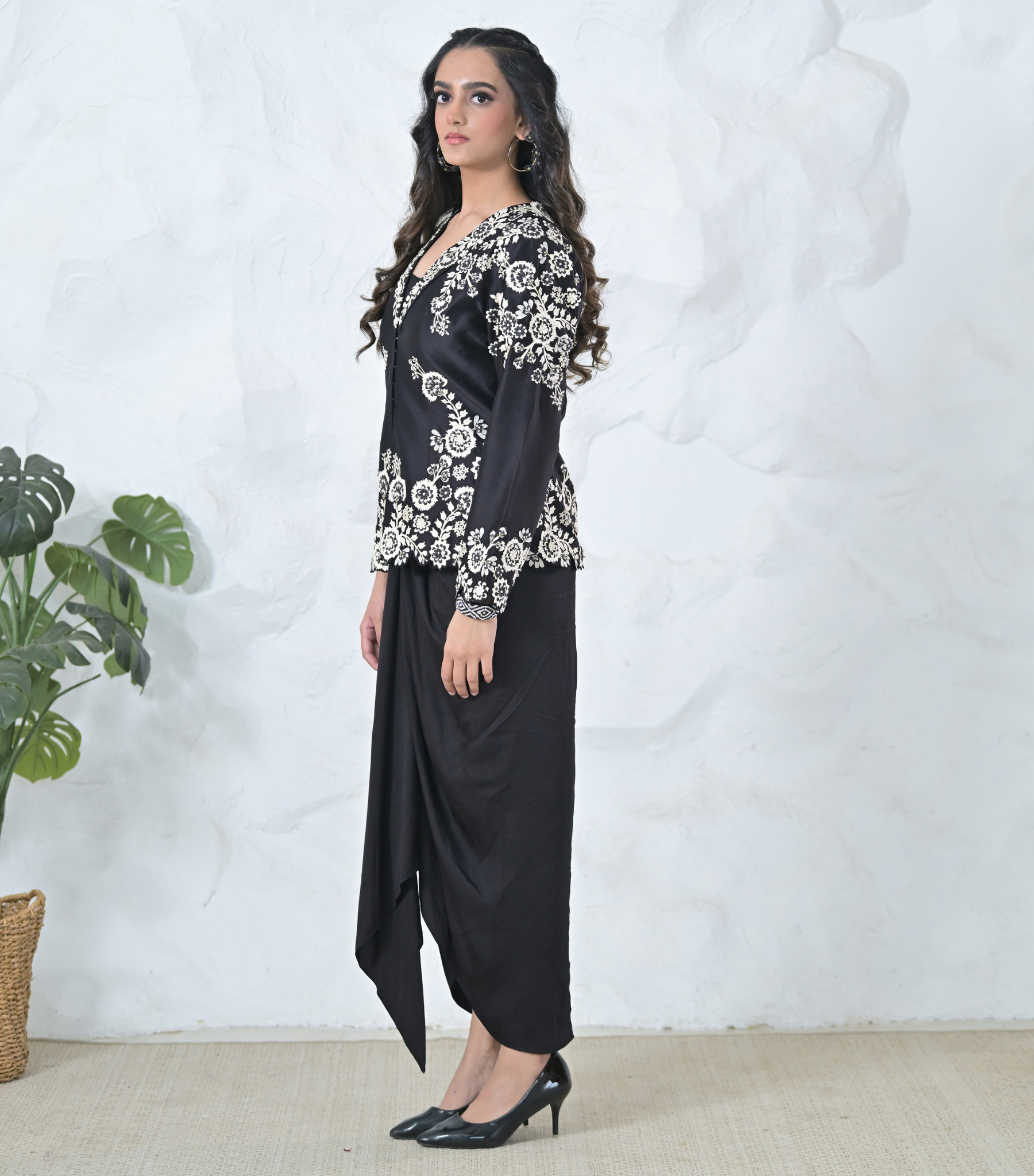 MONOCHROME PHOOL-PATTI JACKET AND PLEATED SKIRT SET