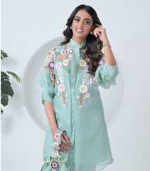 SEA BLUE PHOOL-PATTI TUNIC SET WITH EMBROIDERED PANTS
