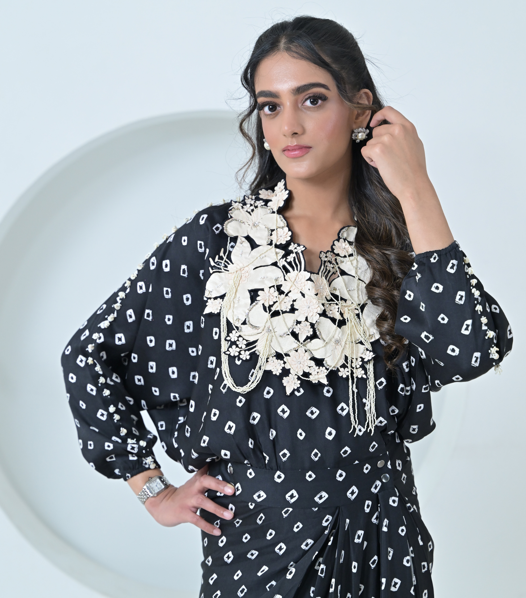 IVORY GARDEN DETACHABLE NECKPIECE WITH BEADED TASSELS DRAPE DRESS