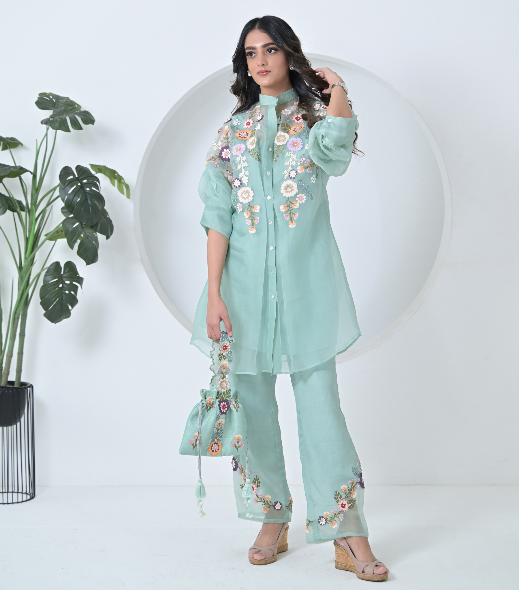 SEA BLUE PHOOL-PATTI TUNIC SET WITH EMBROIDERED PANTS