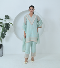 VELVET LACES & TASSELS ORGANZA KURTA SET WITH DUPATTA