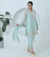 VELVET LACES & TASSELS ORGANZA KURTA SET WITH DUPATTA