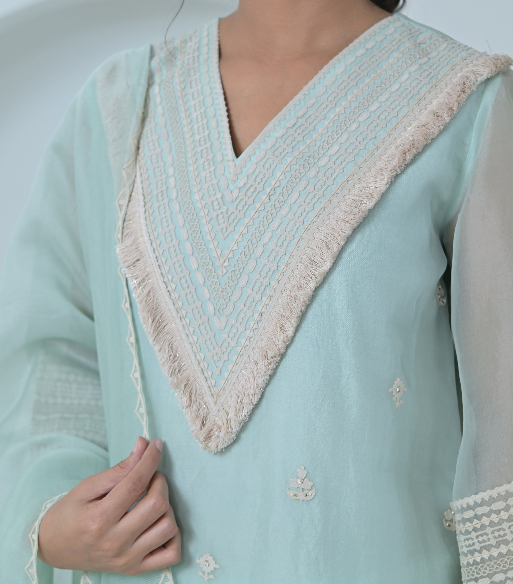 VELVET LACES & TASSELS ORGANZA KURTA SET WITH DUPATTA